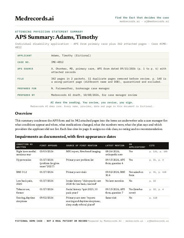 Attending Physician Statement (APS) Summary Sample
