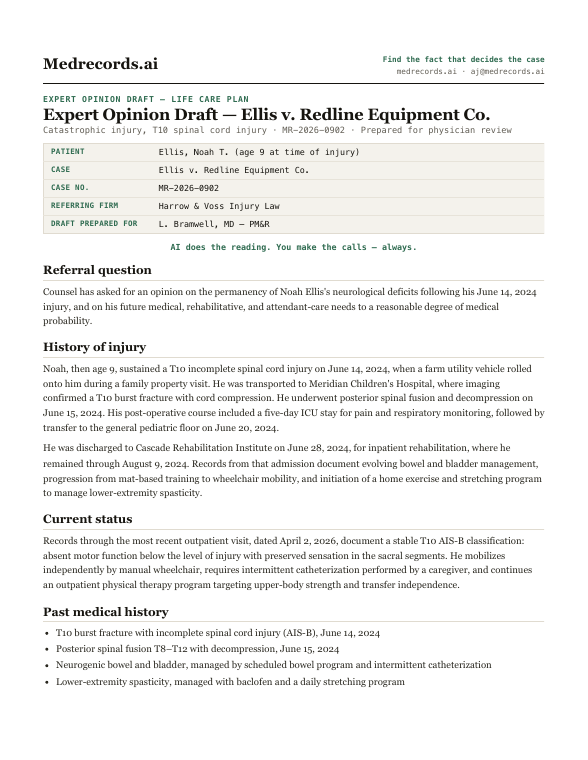 Catastrophic Injury Expert Opinion Draft Sample
