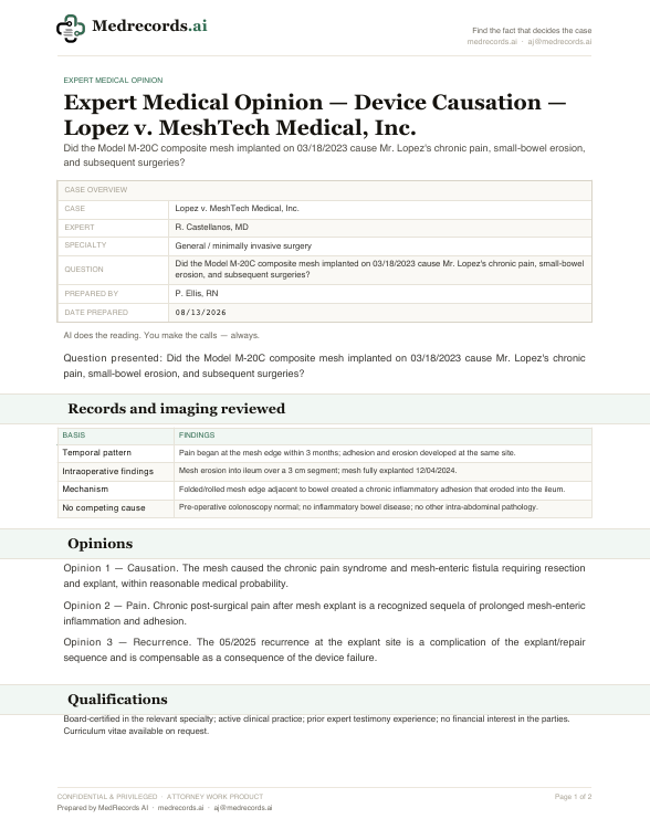 Hernia Mesh Expert Opinion Sample — Device Causation