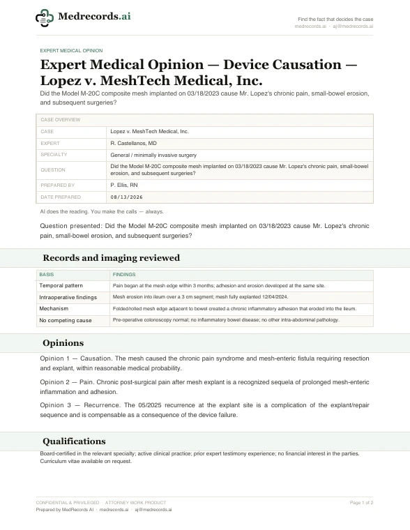 Hernia Mesh Device Causation Opinion Sample
