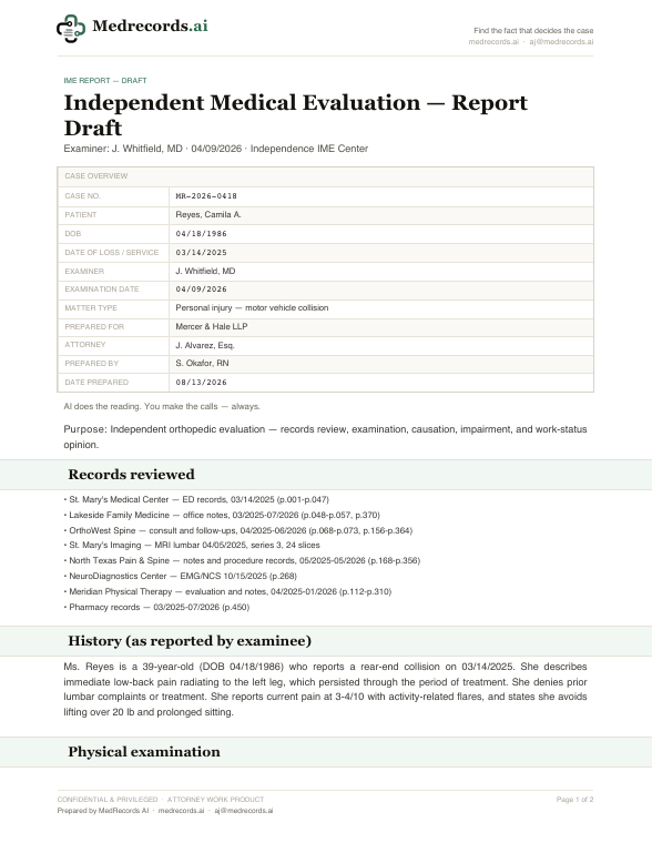 IME Report Draft Sample — Independent Medical Evaluation