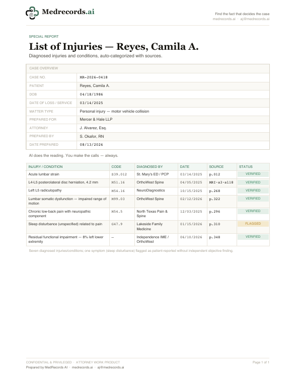 List of Injuries Sample PDF — Auto Categorized