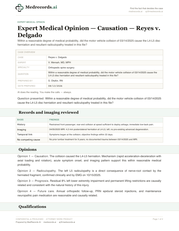 Medical Expert Opinion Sample — Causation Analysis