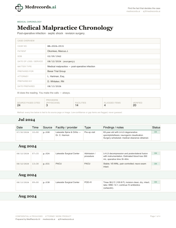 Medical Malpractice Chronology Sample — Post-Op Infection