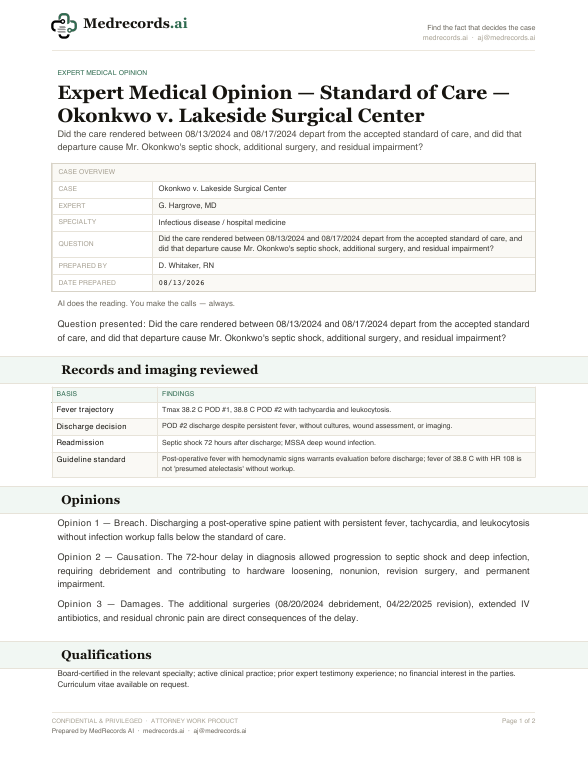 Expert Medical Opinion Sample — Standard of Care