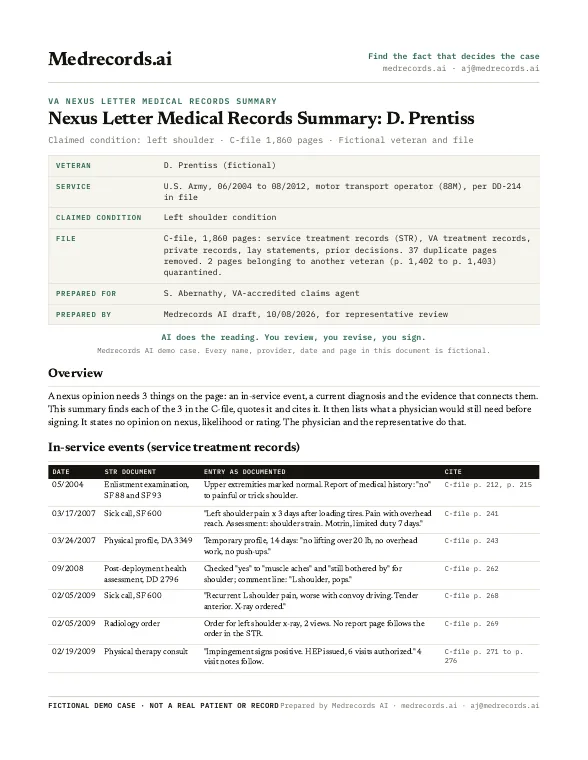 VA Nexus Letter Medical Records Summary Sample
